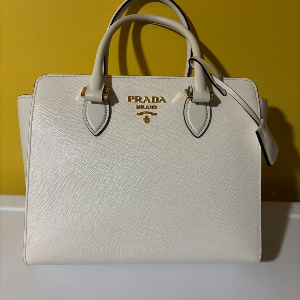 Prada White Saffiano Leather Satchel with Gold Accents